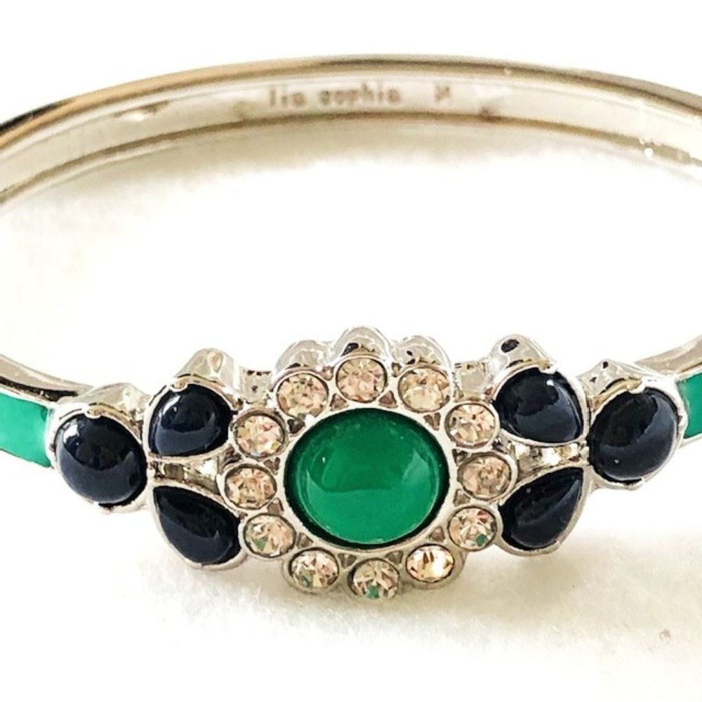 Lia Sophia Silver Tone Stretch Bracelet – Green Enamel & Rhinestones, Size M